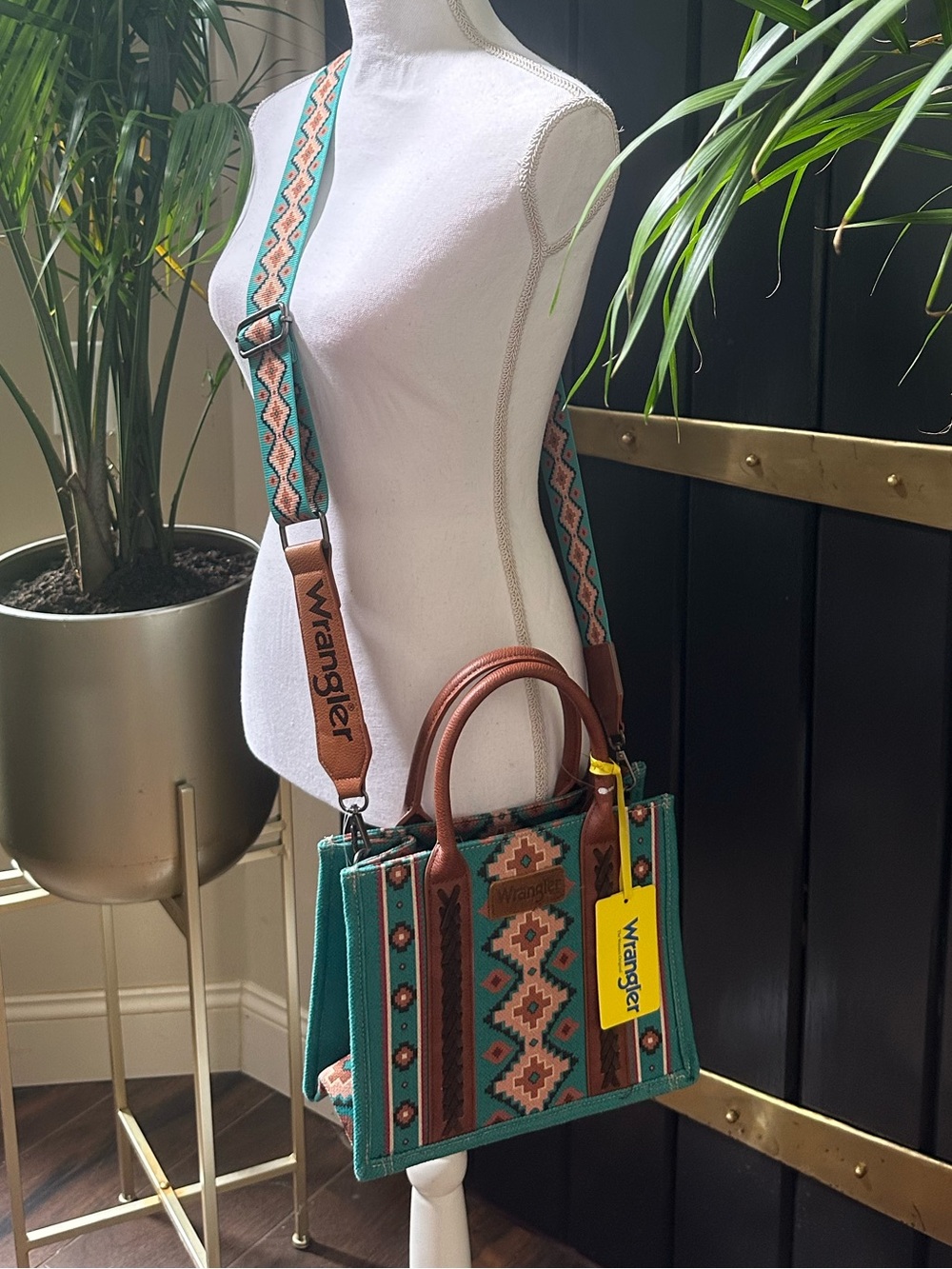 NWT Wrangler Jeans Teal Western Southwestern Aztec crossbody bag tote country